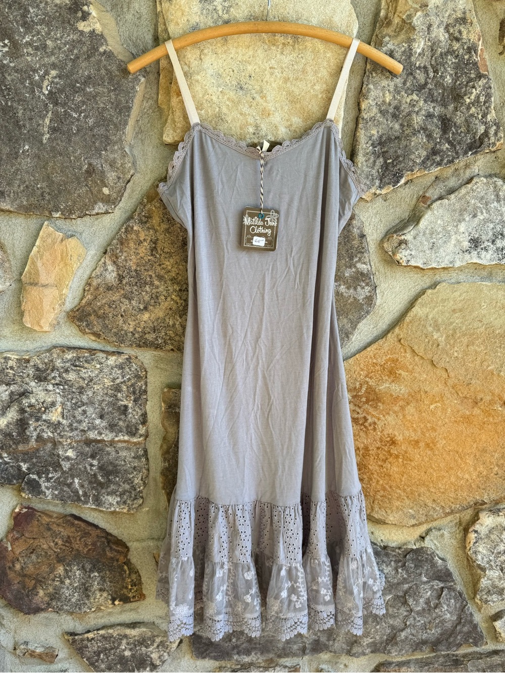 Matilda Jane NWT Gray Lace Eyelet Slip Dress S Boho Prairie Lagenlook Midi